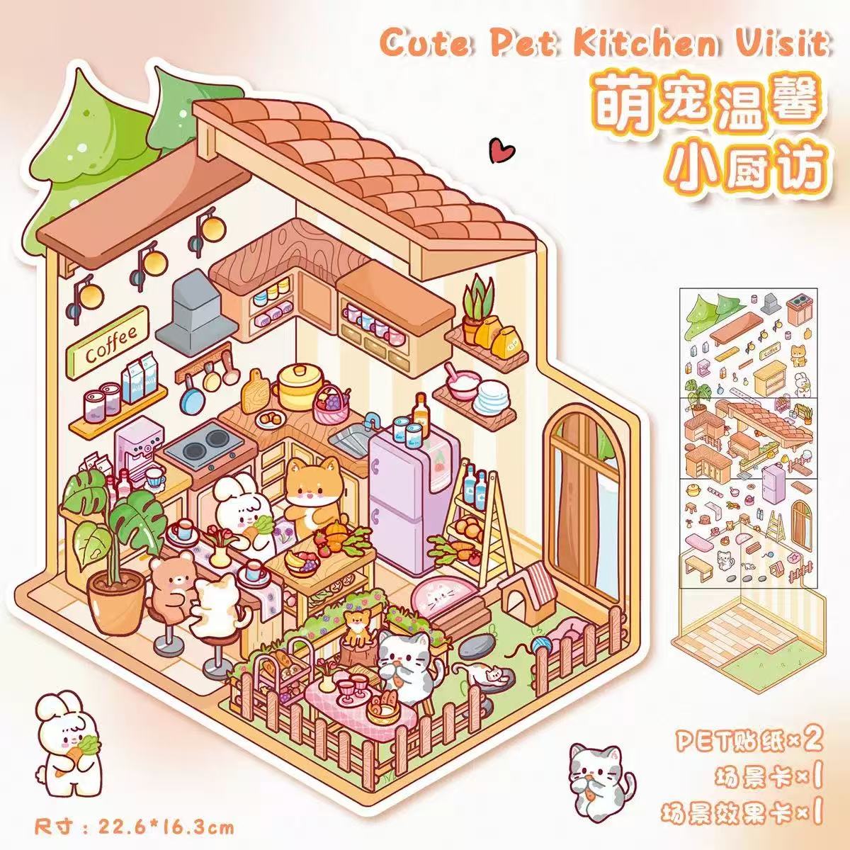 Cute pet's Cozy little kitchen DIY 3D Scene Stickers 10 cute Miniature Scenes (M)