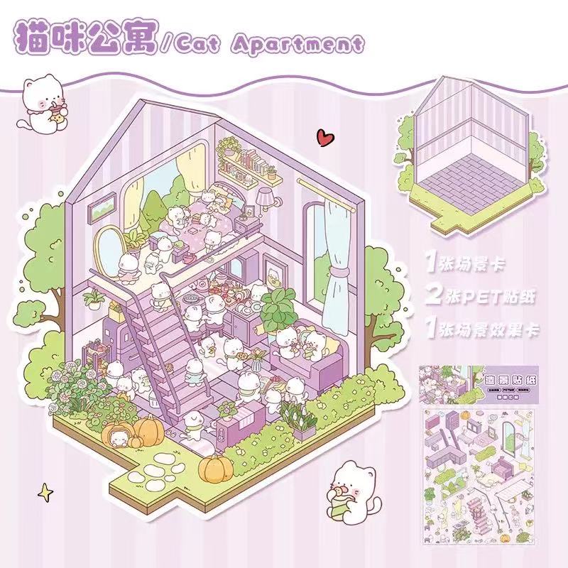 Cute pet's Cozy little kitchen DIY 3D Scene Stickers 10 cute Miniature Scenes (M)