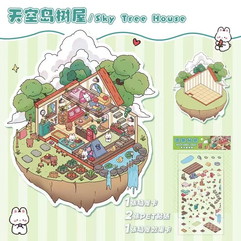 Cute pet's Cozy little kitchen DIY 3D Scene Stickers 10 cute Miniature Scenes (M)